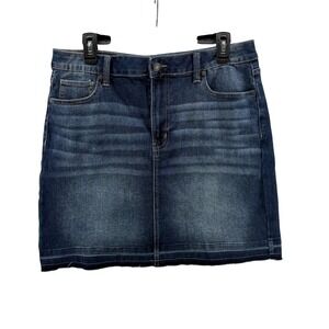 Y2K 90s‎ Grunge Women's Denim Skirt Blue Wash Distressed Raw Hem Stretch Size 12